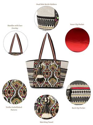 Boho Natural, Black & Multicolor Acrylic Jacquard & Cotton Canvas Trellis Embellished Tote Bag 3
