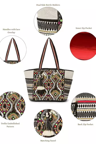 Boho Natural, Black & Multicolor Acrylic Jacquard & Cotton Canvas Trellis Embellished Tote Bag