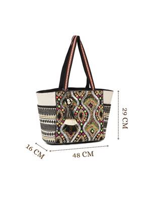 Boho Natural, Black & Multicolor Acrylic Jacquard & Cotton Canvas Trellis Embellished Tote Bag 4