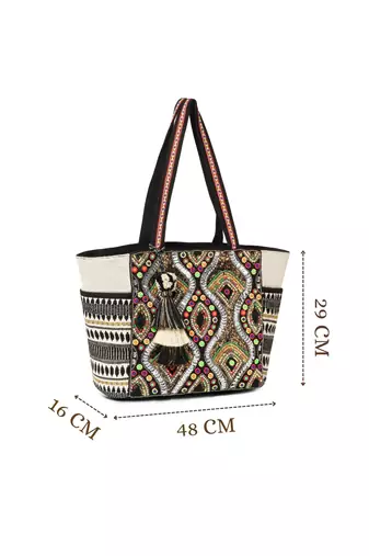 Boho Natural, Black & Multicolor Acrylic Jacquard & Cotton Canvas Trellis Embellished Tote Bag