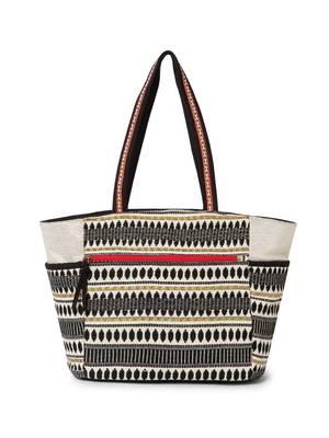 Boho Natural, Black & Multicolor Acrylic Jacquard & Cotton Canvas Trellis Embellished Tote Bag 5