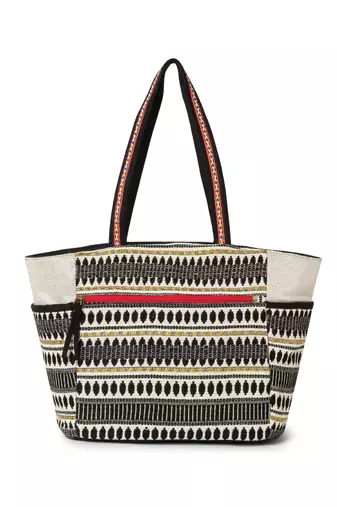 Boho Natural, Black & Multicolor Acrylic Jacquard & Cotton Canvas Trellis Embellished Tote Bag