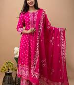 Women's Beautiful Rayon Printed Anarkali Kurta With Plazzo And Dupatta Sets