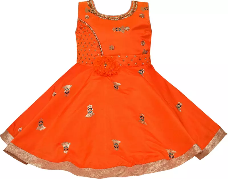 Orange satin stitched    dress