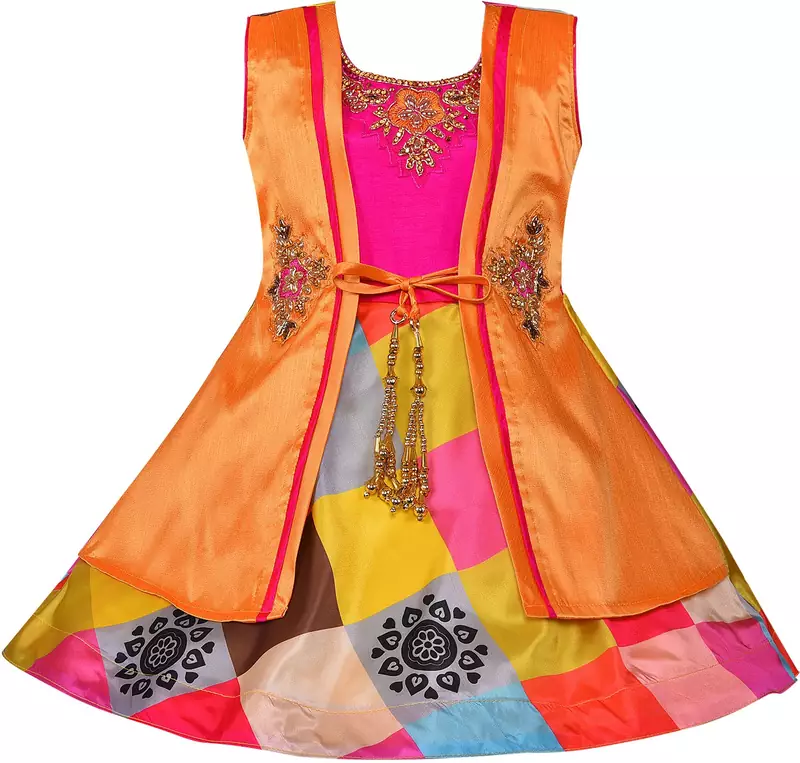 Orange satin stitched    dress