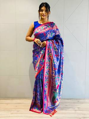 blue color KANJEEVARAM WOVEN SILK BLEND Zari Soft Silk Saree 1