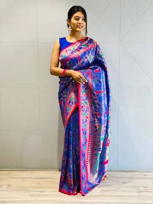 blue color KANJEEVARAM WOVEN SILK BLEND Zari Soft Silk Saree 3