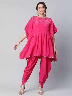 Ahalyaa Women Pink Printed Pleated Kurti with Dhoti Pants 1