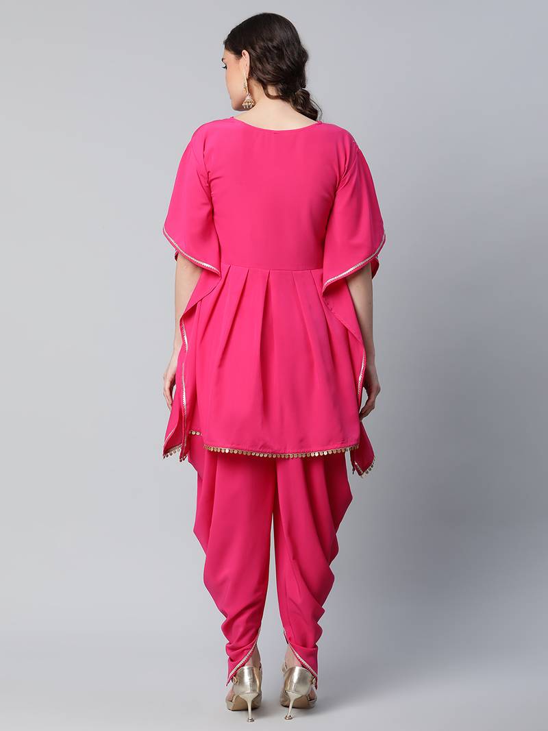 Ahalyaa Women Pink Printed Pleated Kurti with Dhoti Pants