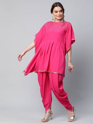 Ahalyaa Women Pink Printed Pleated Kurti with Dhoti Pants 3
