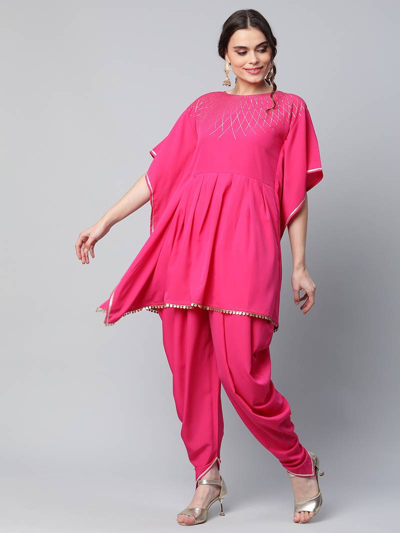 Ahalyaa Women Pink Printed Pleated Kurti with Dhoti Pants