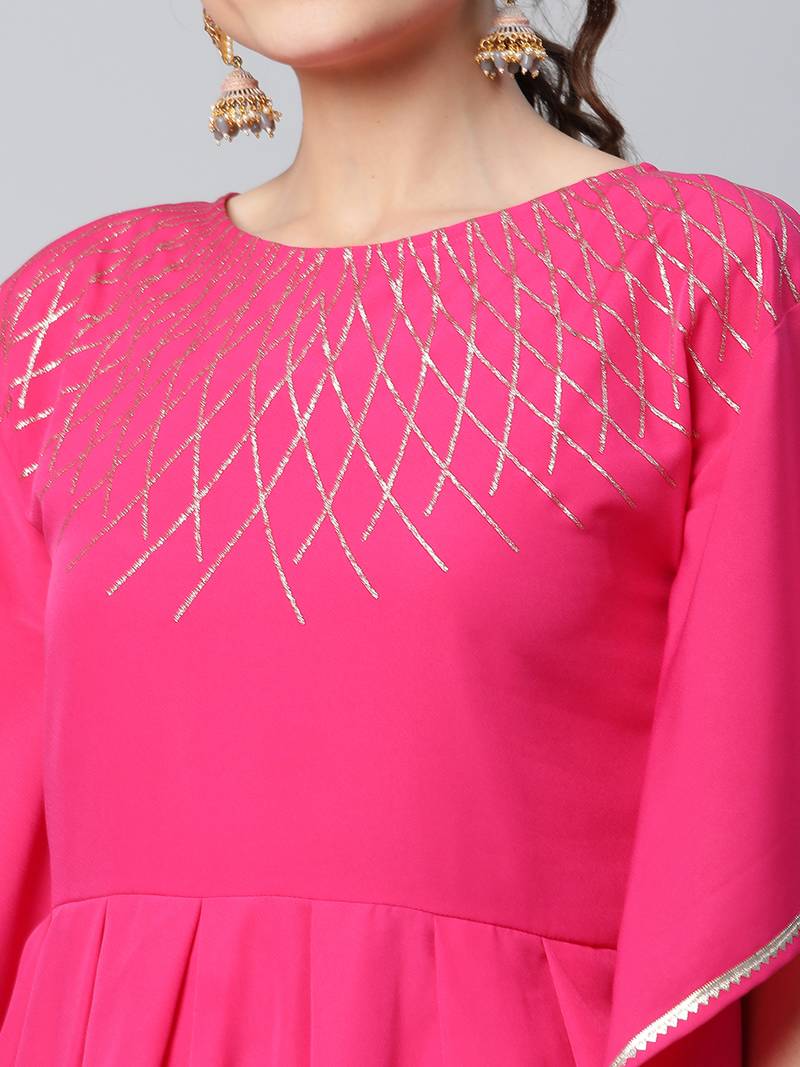 Ahalyaa Women Pink Printed Pleated Kurti with Dhoti Pants