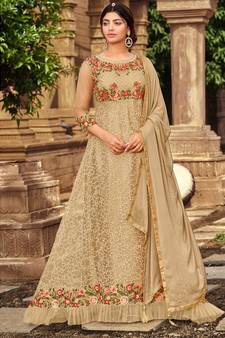 Brown Designer Heavy Thread Embroidery Work Butterfly Net unstitched Long Length Kameez pant
