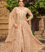 Peach Designer Heavy Embroidery Work Butterfly Net unstitched Long Length Kameez pant