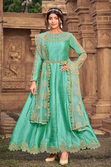 Sea Green Designer Heavy Embroidery Diamond Work Super Silk unstitched Long Length Kameez pant