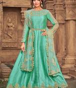 Sea Green Designer Heavy Embroidery Diamond Work Super Silk unstitched Long Length Kameez pant