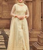 Cream Designer Heavy Embroidery Diamond Work Butterfly Net unstitched Long Length Kameez pant