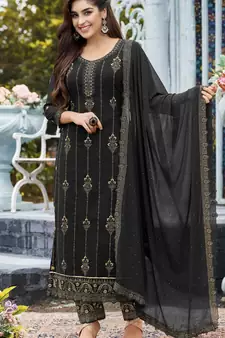 Black Heavy Thread Embroidery Swarovski Work Faux Georgette unstitched Long Length Kameez pant