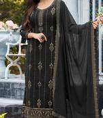 Black Heavy Thread Embroidery Swarovski Work Faux Georgette unstitched Long Length Kameez pant