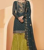 Green Heavy Thread Sequance Embroidery Khatli Hand Work Georgette unstitched Long Length Kameez pant cotton