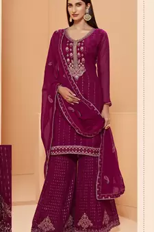 Magenta Heavy Thread Sequance Embroidery Khatli Hand Work Georgette unstitched Long Length Kameez pant cotton