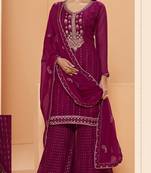 Magenta Heavy Thread Sequance Embroidery Khatli Hand Work Georgette unstitched Long Length Kameez pant cotton