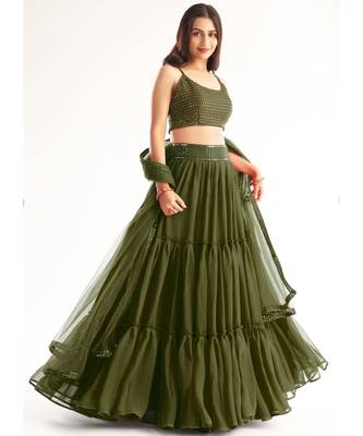 Olive Green Sequence Georgette Lehenga Choli 1