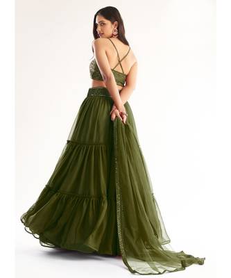 Olive Green Sequence Georgette Lehenga Choli 2
