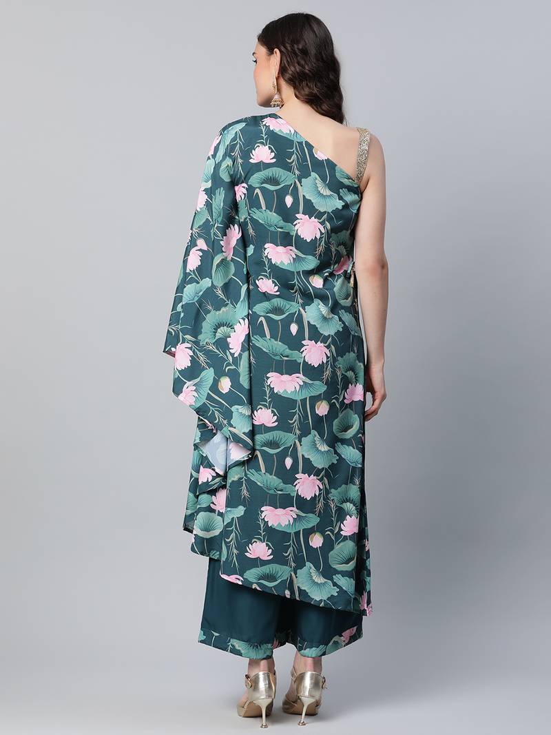Ahalyaa Women Green Floral Printed Kurta with Palazzos
