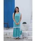 Blue printed sleeveless short kurti and  matching sharara paired  dupatta
