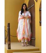 White kota chikankari kaftan with yellow leheriya border