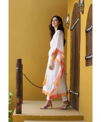 White kota chikankari kaftan with yellow leheriya border 2