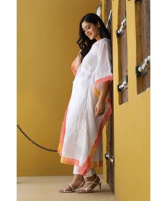 White kota chikankari kaftan with yellow leheriya border 3