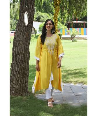 Yellow cotton rayon chikankari  kaftan with white border 1