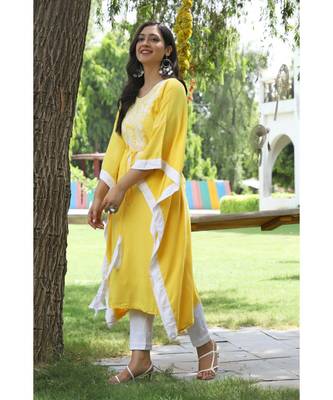 Yellow cotton rayon chikankari  kaftan with white border 2