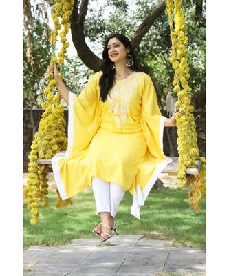 Yellow cotton rayon chikankari  kaftan with white border 3