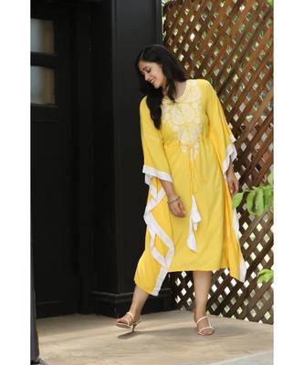 Yellow cotton rayon chikankari  kaftan with white border 4