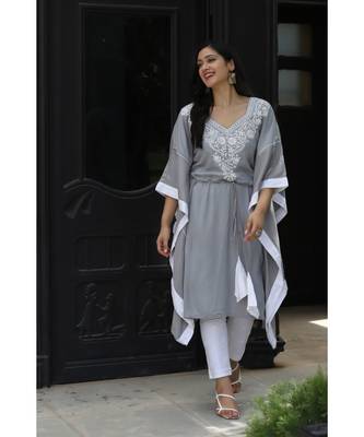Grey cotton rayon chikankari  kaftan with white border 1