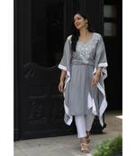 Grey cotton rayon chikankari  kaftan with white border