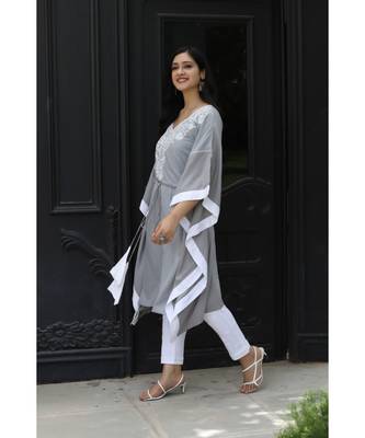 Grey cotton rayon chikankari  kaftan with white border 2