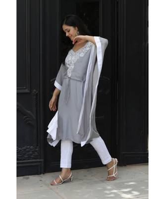 Grey cotton rayon chikankari  kaftan with white border 3