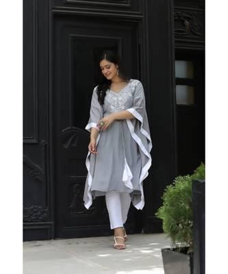Grey cotton rayon chikankari  kaftan with white border 4
