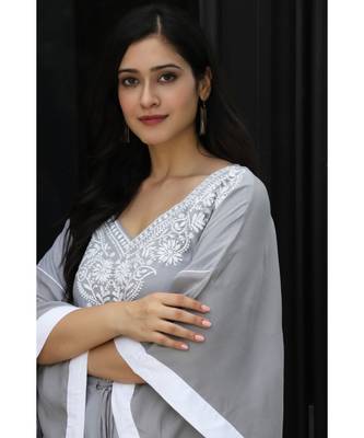Grey cotton rayon chikankari  kaftan with white border 5