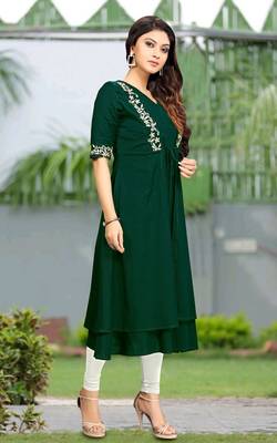Trendmalls Dark-green embroidered cotton cotton Party Wear Festive Casual Wedding CHIKANKARI Premium Kurtis & Kurta  3