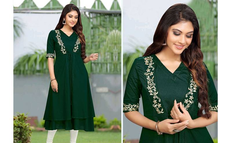 Trendmalls Dark-green embroidered cotton cotton Party Wear Festive Casual Wedding CHIKANKARI Premium Kurtis & Kurta 