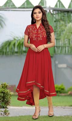Trendmalls Red embroidered rayon heavy-work Party Wear Festive Casual Wedding CHIKANKARI Premium Kurtis & Kurta  1