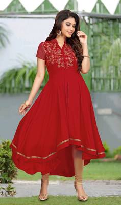 Trendmalls Red embroidered rayon heavy-work Party Wear Festive Casual Wedding CHIKANKARI Premium Kurtis & Kurta  3