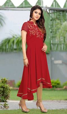 Trendmalls Red embroidered rayon heavy-work Party Wear Festive Casual Wedding CHIKANKARI Premium Kurtis & Kurta  4