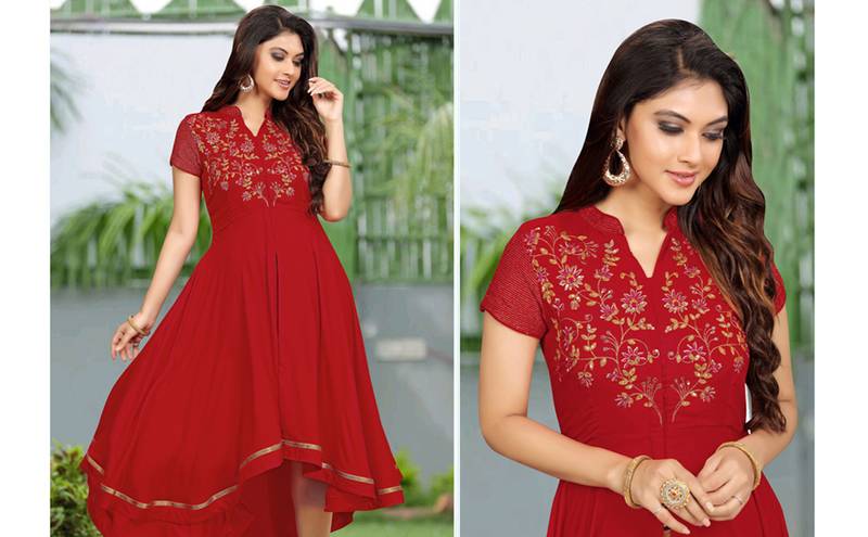 Trendmalls Red embroidered rayon heavy-work Party Wear Festive Casual Wedding CHIKANKARI Premium Kurtis & Kurta 