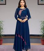 Trendmalls Dark-blue embroidered georgette Festive Casual Premium Kurtis